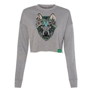 Wild Tribute Boho Wolf Gray Crop Crew Sweatshirt Size XL